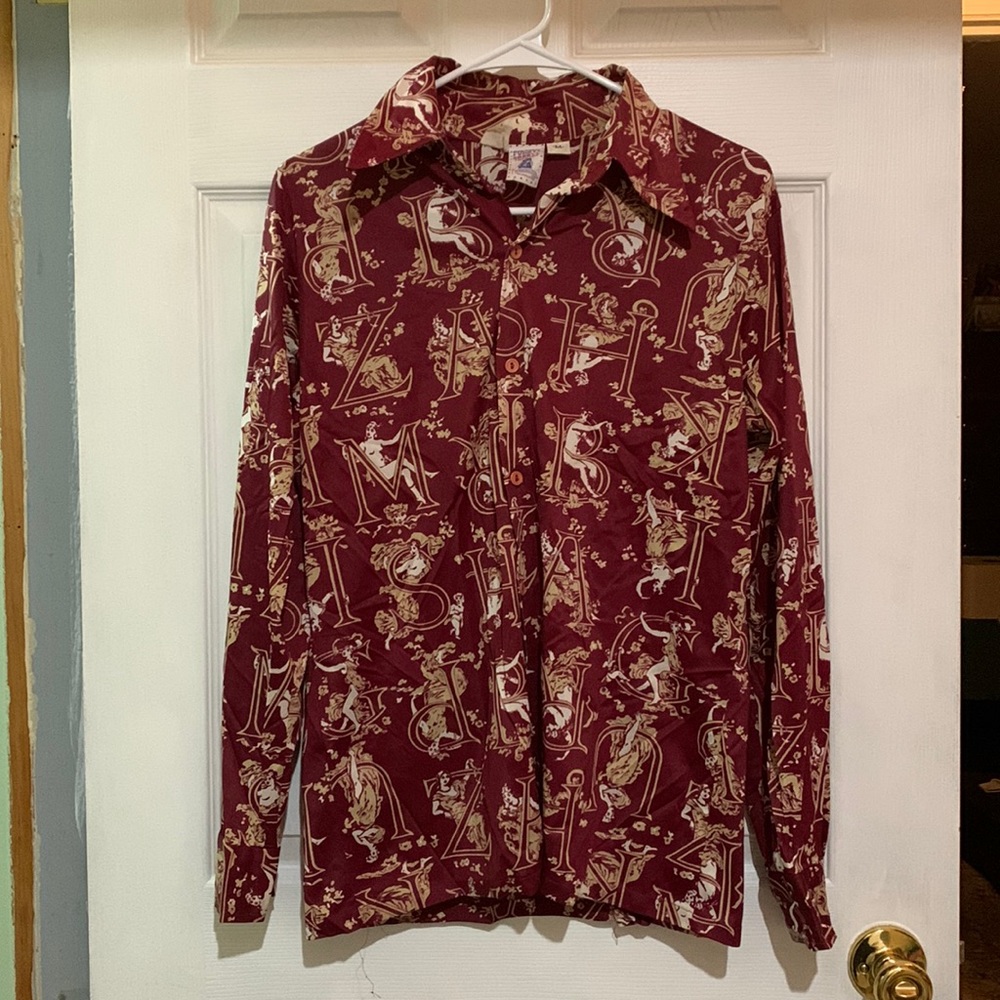 Medium Burgundy Blouse with goddess illustrations and letters